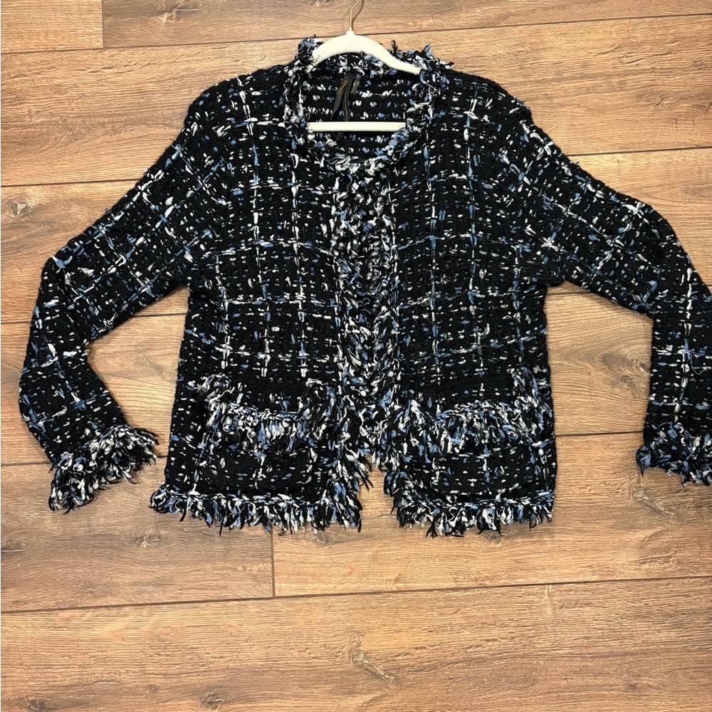 Renee C. Chic Black and Blue Tweed Jacket